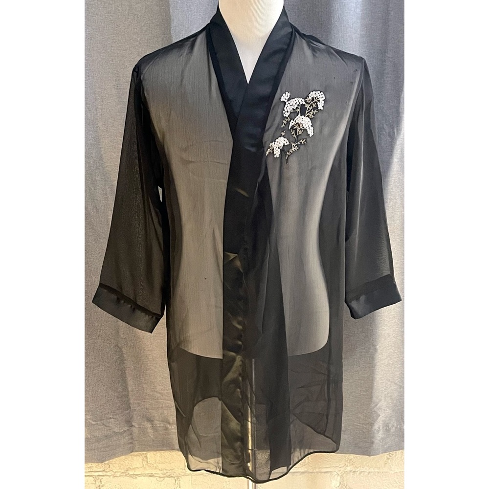 Nina Ricci Black Sheer Floral Robe with Satin accents at the collar/lapel/cuffs